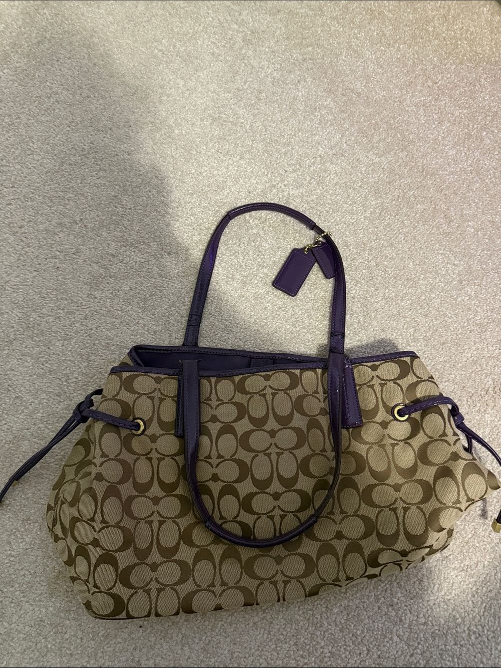 Coach Beige Signature Canvas Shoulder Bag with Purple Leather Trim